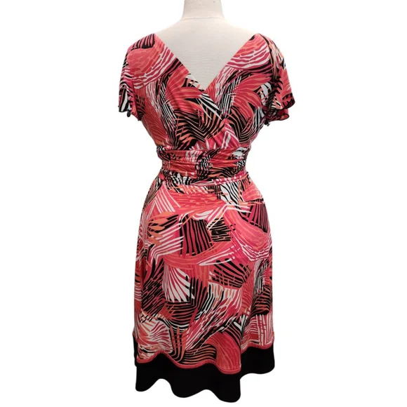 Sandra Darren 14P Petite Tropical Print Wrap Dress Pink Coral V-Neck Flutter - Picture 2 of 12